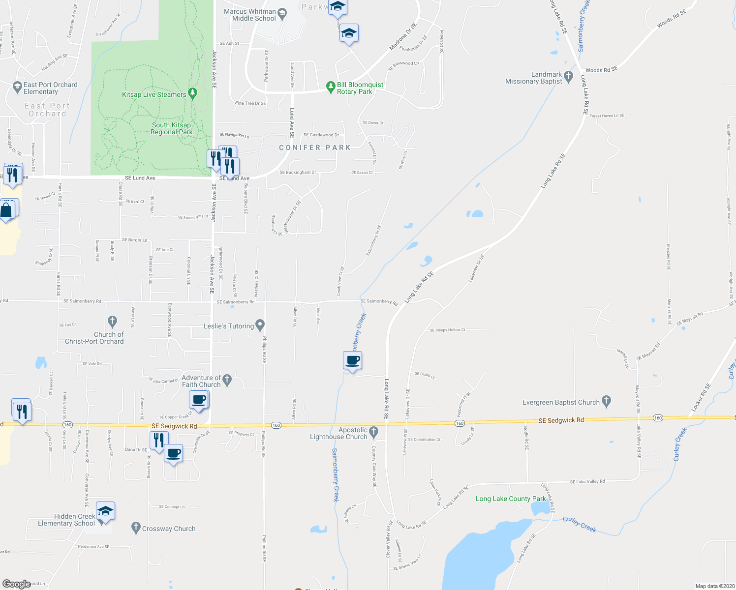 map of restaurants, bars, coffee shops, grocery stores, and more near 4213 Southeast Salmonberry Road in Port Orchard