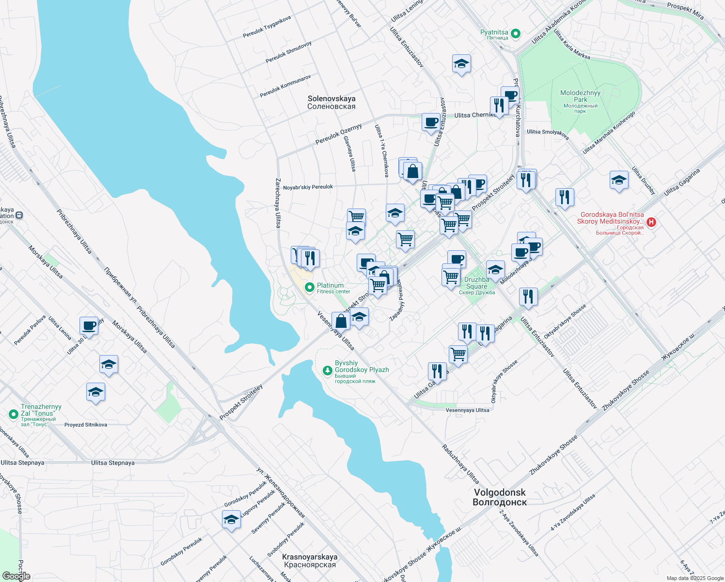 map of restaurants, bars, coffee shops, grocery stores, and more near in Volgodonsk