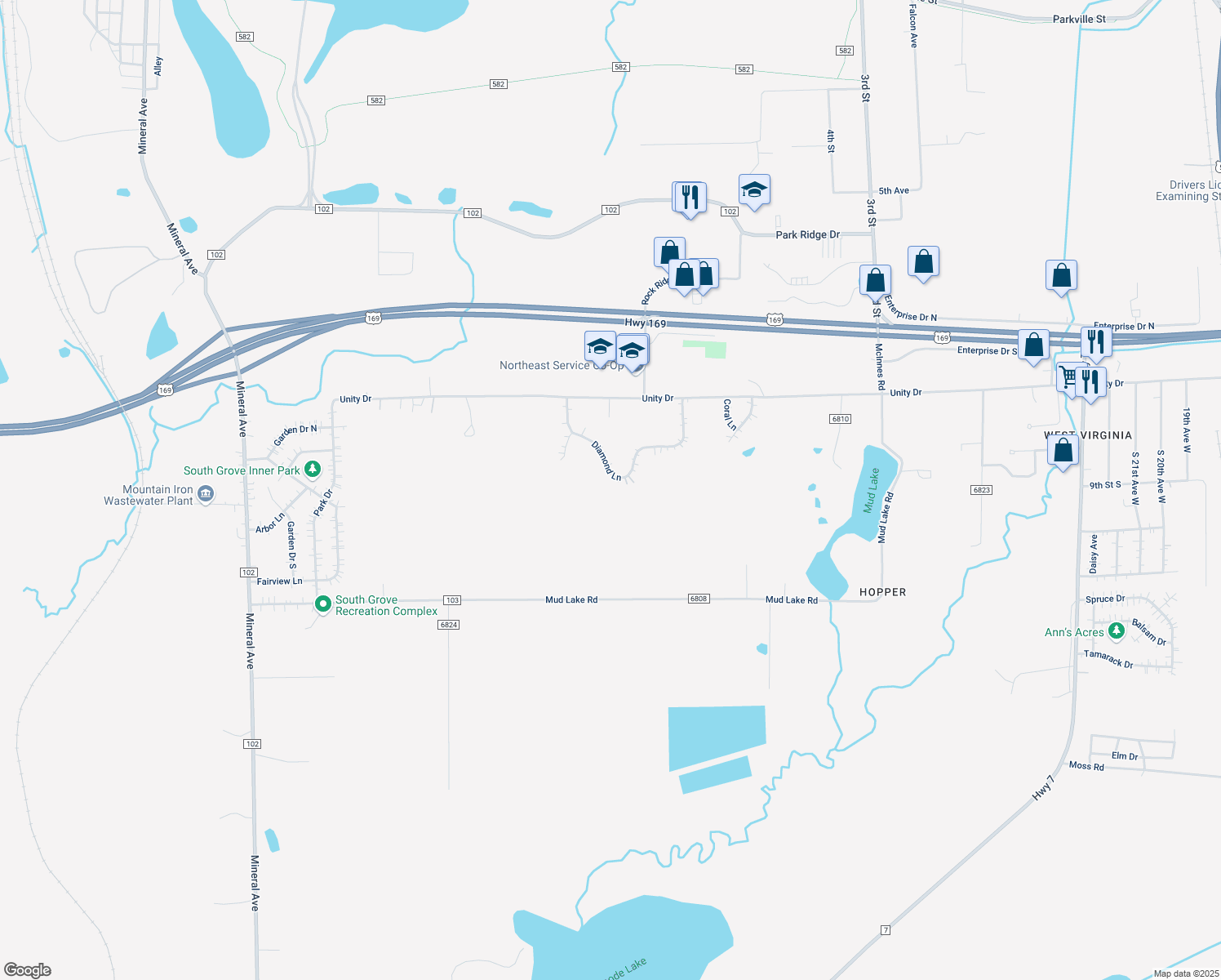 map of restaurants, bars, coffee shops, grocery stores, and more near 5466 Diamond Lane in Mountain Iron