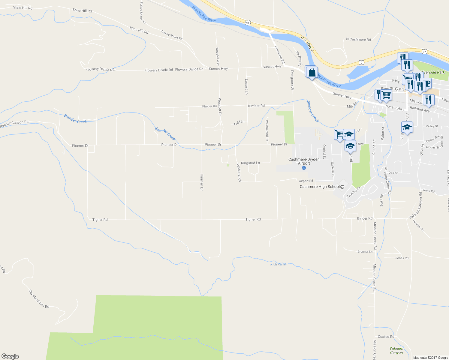 map of restaurants, bars, coffee shops, grocery stores, and more near 5304 Wohlers Road in Cashmere