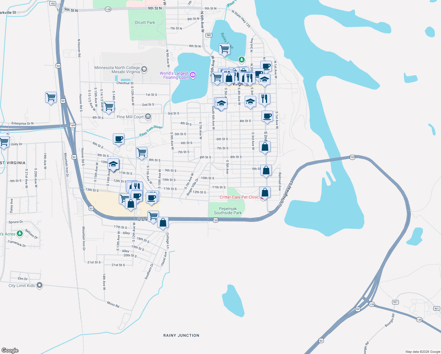 map of restaurants, bars, coffee shops, grocery stores, and more near 501 10th Street South in Virginia