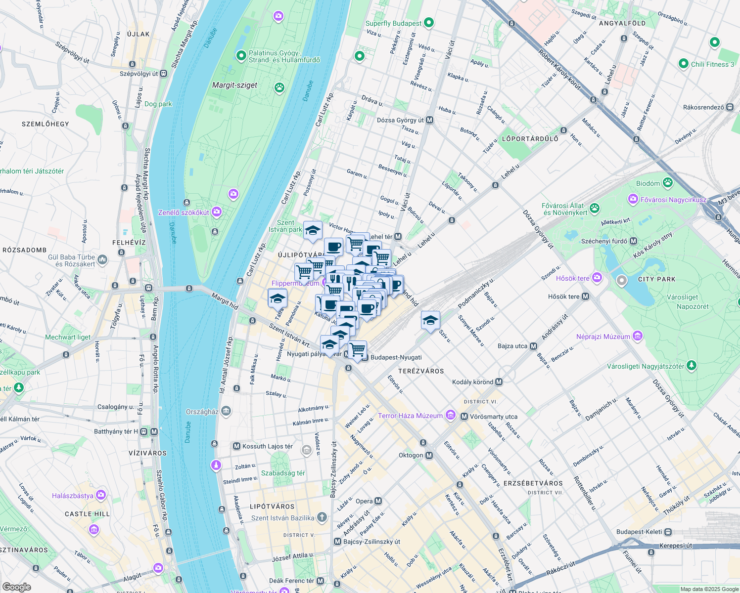 map of restaurants, bars, coffee shops, grocery stores, and more near in Budapest