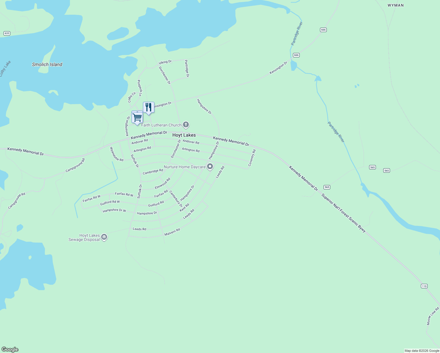 map of restaurants, bars, coffee shops, grocery stores, and more near 412 Leeds Road in Hoyt Lakes