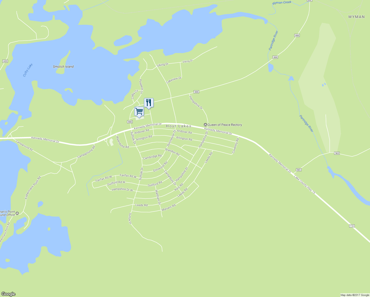 map of restaurants, bars, coffee shops, grocery stores, and more near 321 Wyandotte Road in Hoyt Lakes