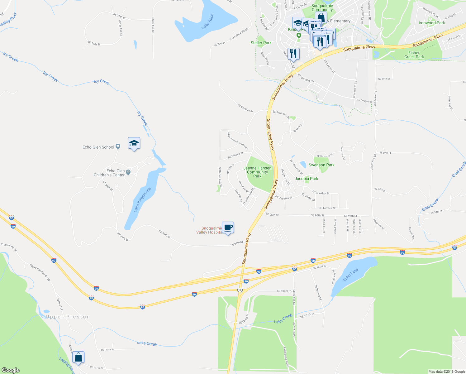 map of restaurants, bars, coffee shops, grocery stores, and more near 9119 Ash Avenue Southeast in Snoqualmie