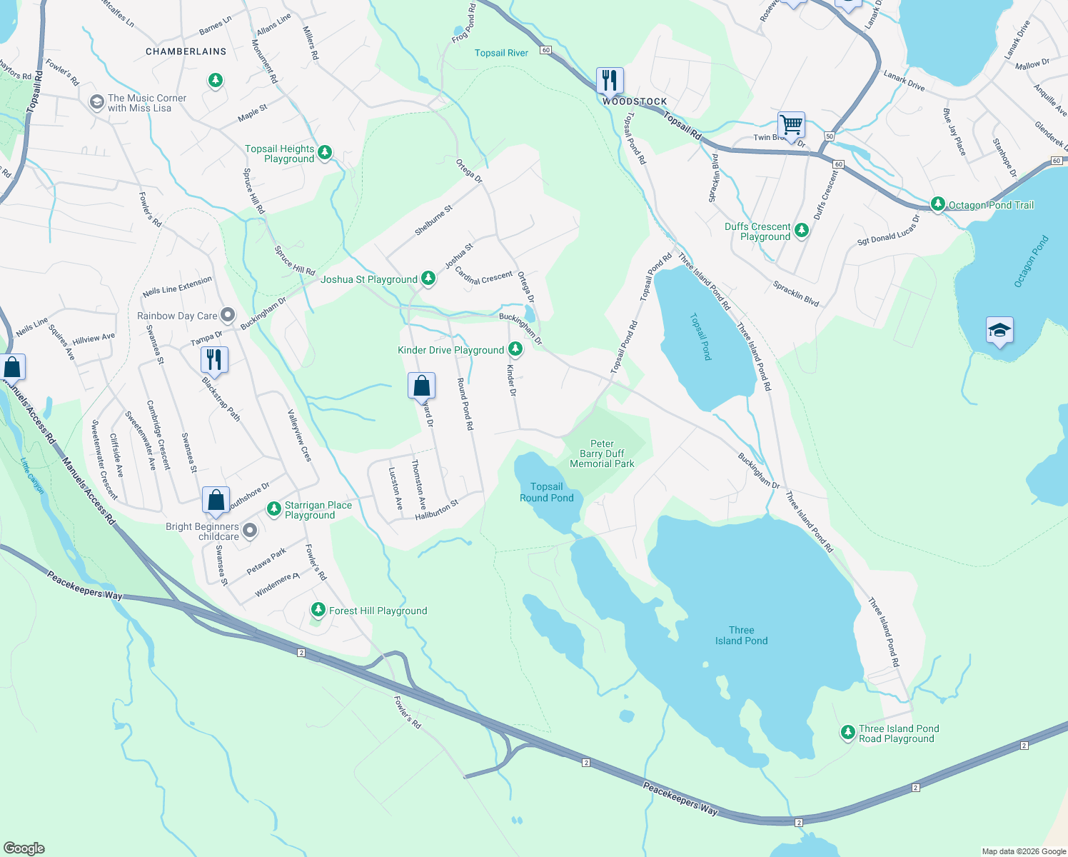 map of restaurants, bars, coffee shops, grocery stores, and more near 222 Topsail Pond Road in Paradise