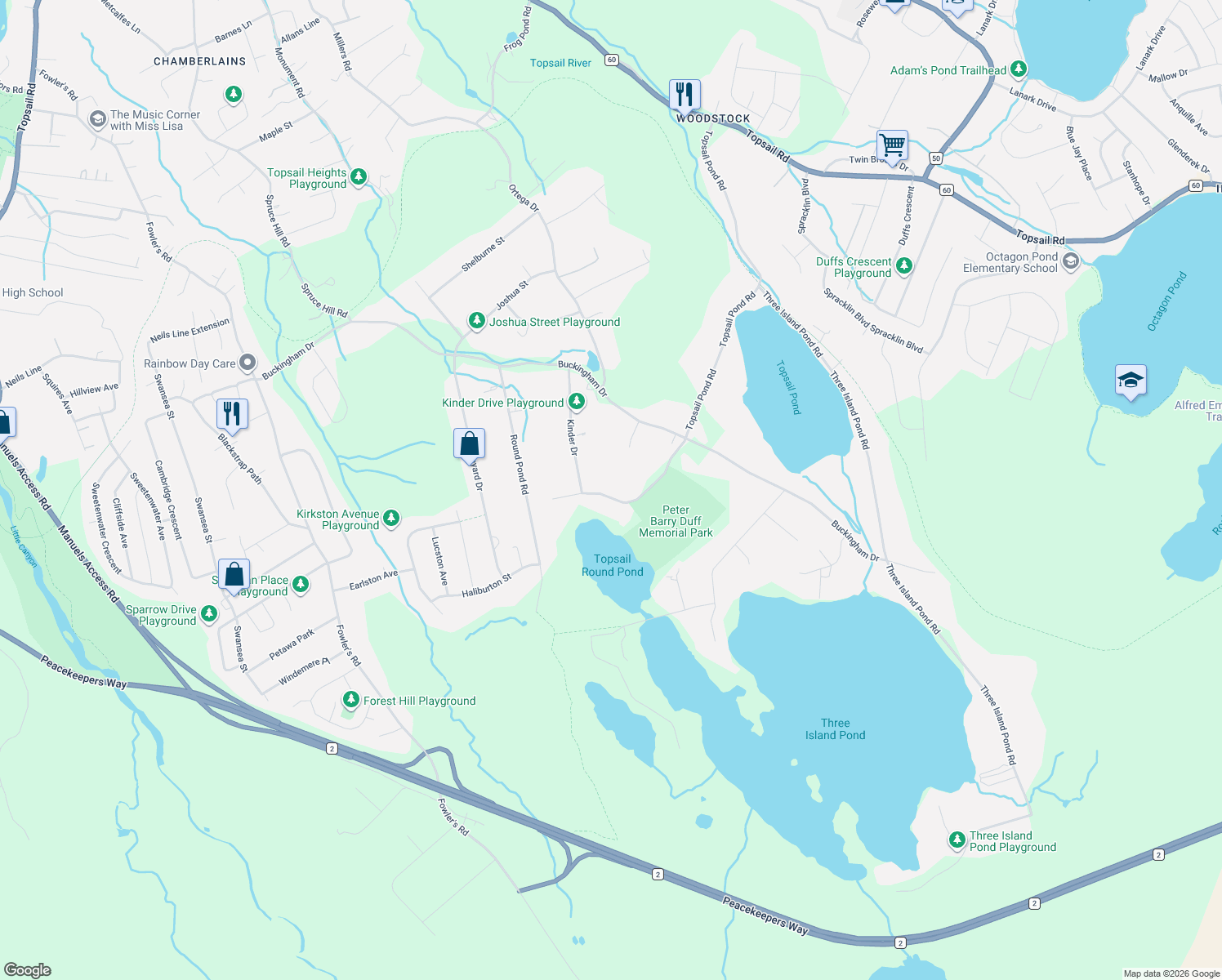 map of restaurants, bars, coffee shops, grocery stores, and more near 222 Topsail Pond Road in Paradise