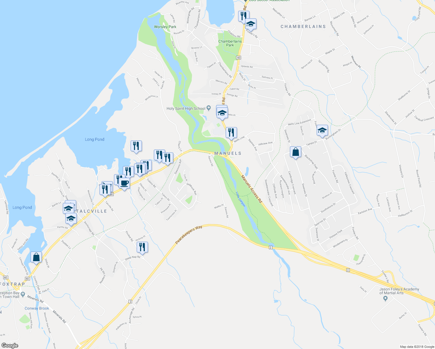 map of restaurants, bars, coffee shops, grocery stores, and more near 35 Easons Road in Conception Bay South