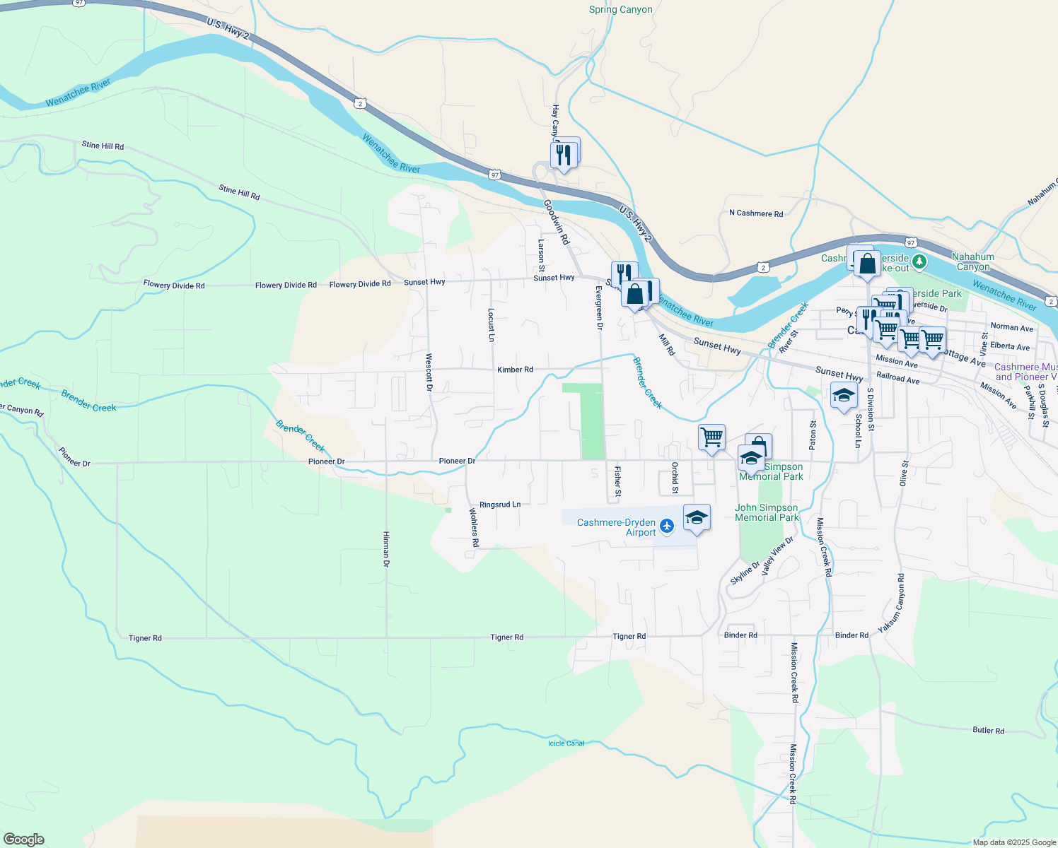 map of restaurants, bars, coffee shops, grocery stores, and more near 5600 Weatherend Road in Cashmere