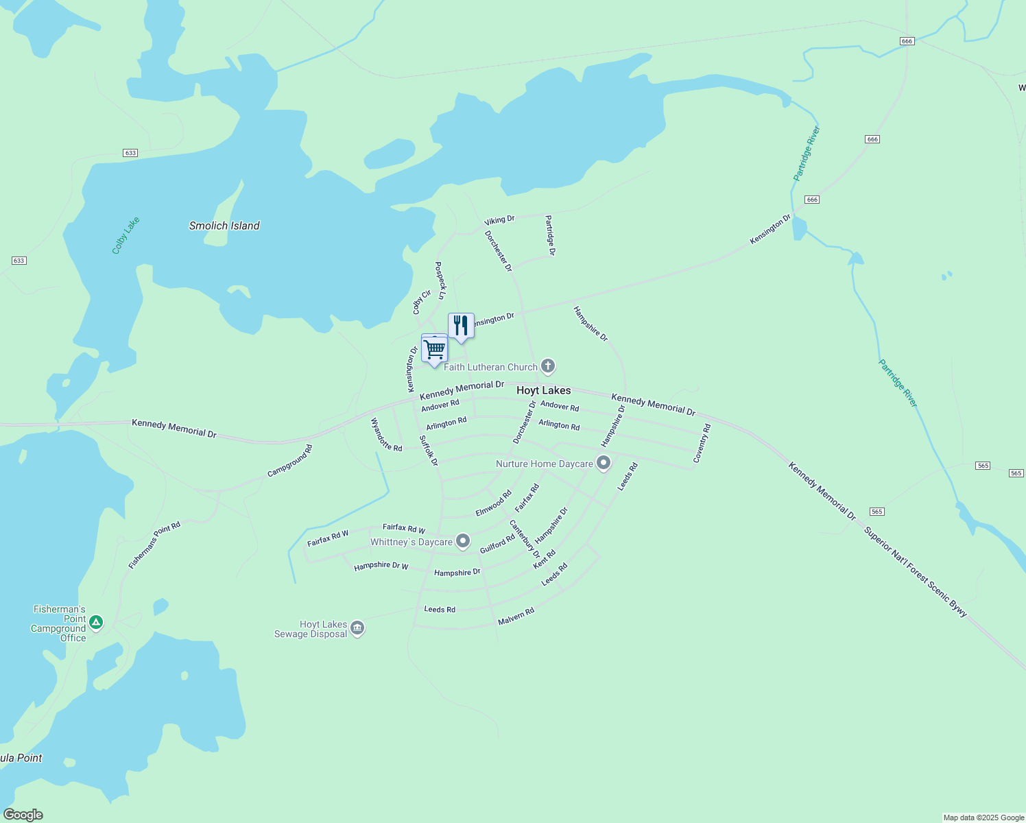 map of restaurants, bars, coffee shops, grocery stores, and more near 241 Arlington Road in Hoyt Lakes