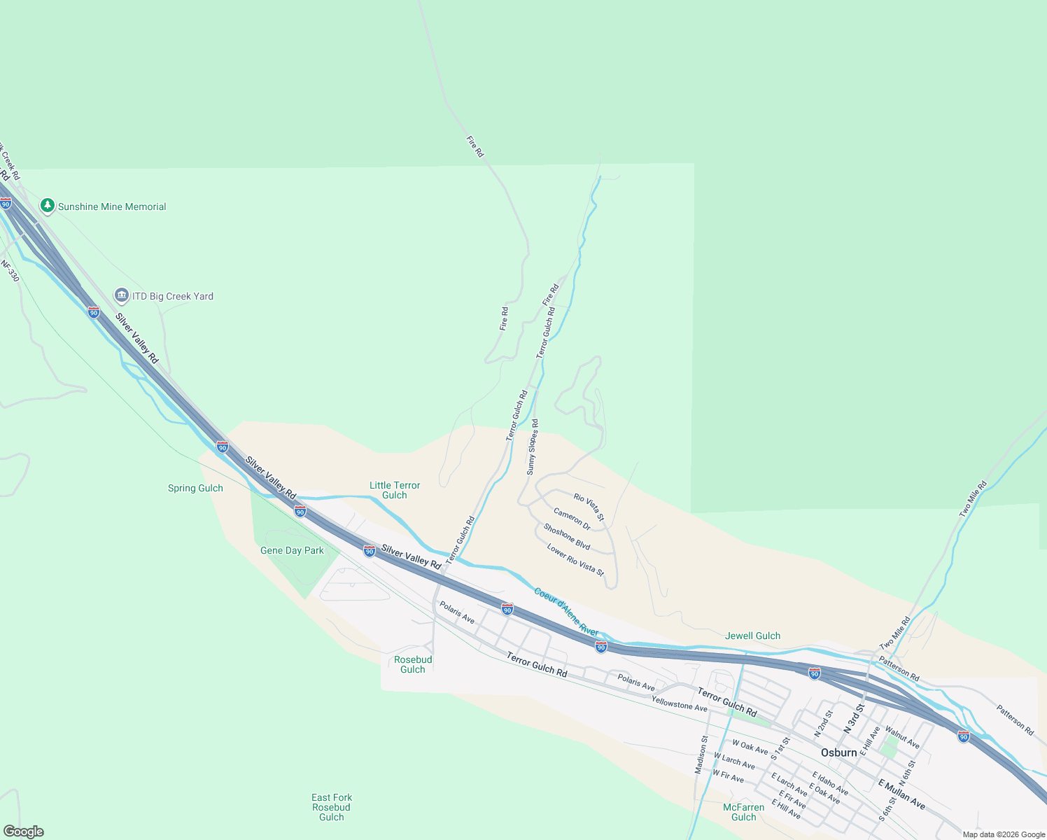 map of restaurants, bars, coffee shops, grocery stores, and more near 472 Terror Gulch Road in Osburn