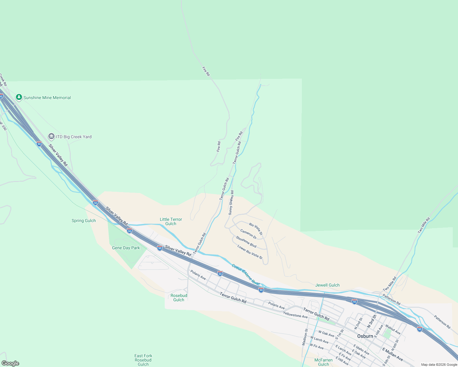 map of restaurants, bars, coffee shops, grocery stores, and more near 472 Terror Gulch Road in Osburn