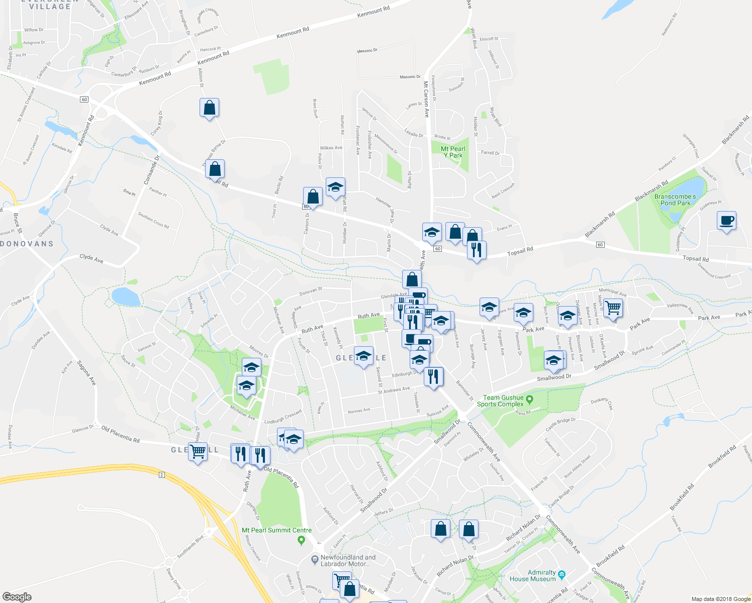 map of restaurants, bars, coffee shops, grocery stores, and more near 19 Glendale Avenue in Mount Pearl