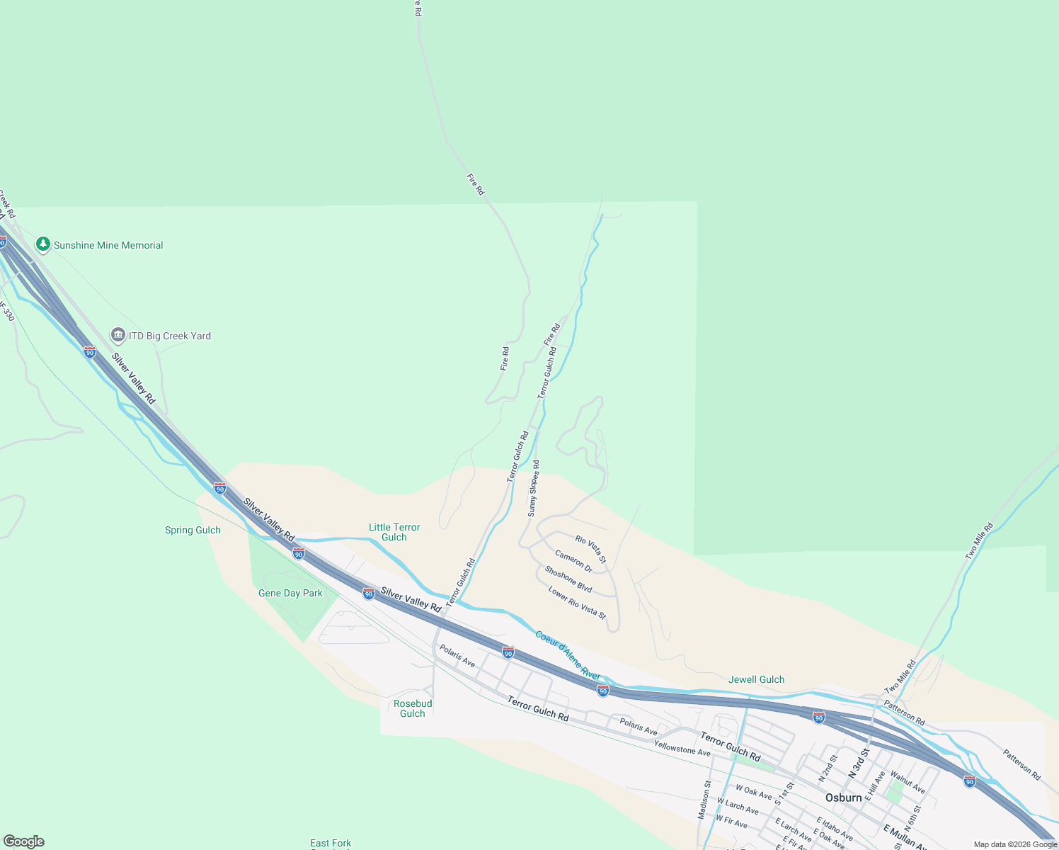 map of restaurants, bars, coffee shops, grocery stores, and more near 536 Terror Gulch Road in Osburn