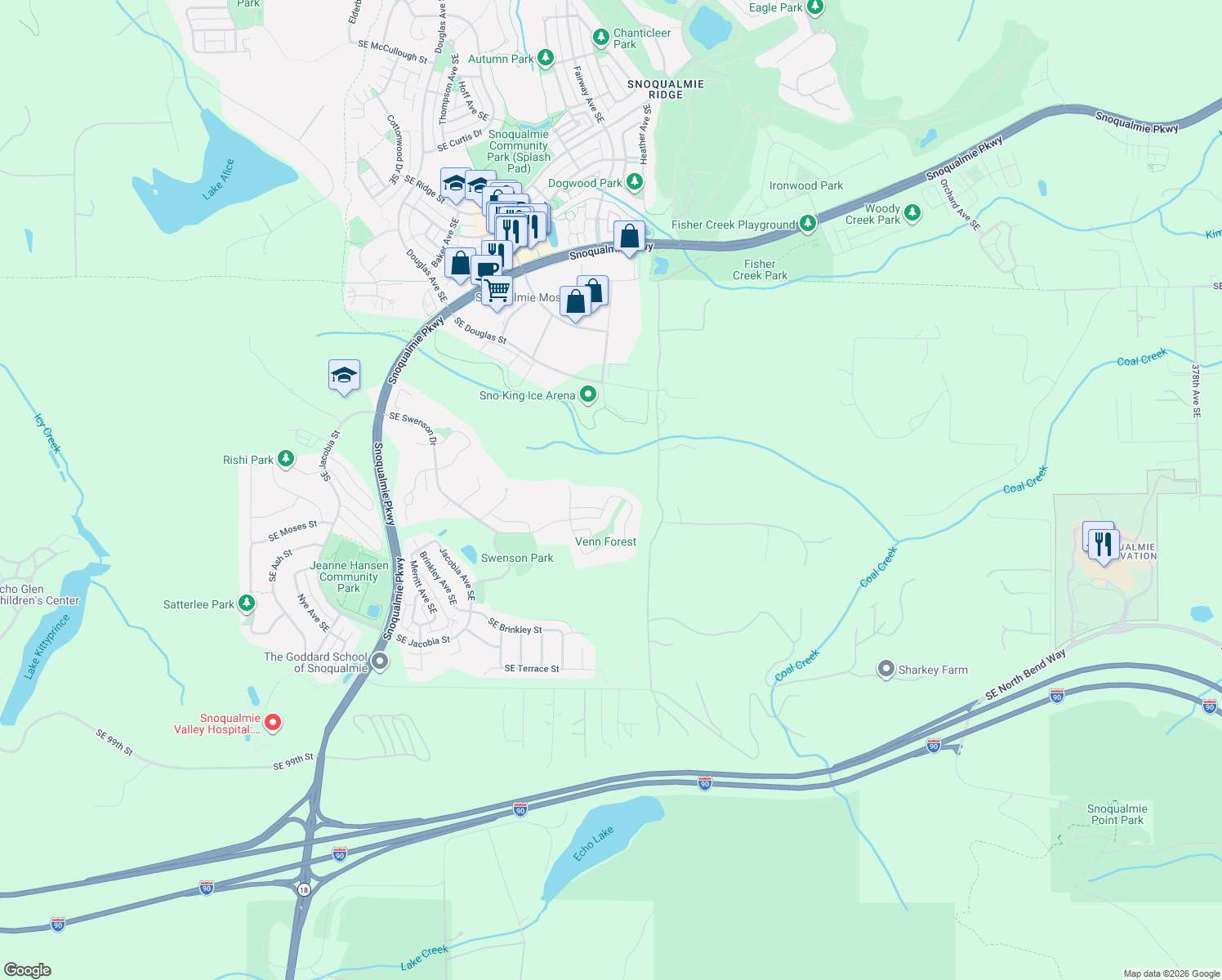 map of restaurants, bars, coffee shops, grocery stores, and more near 8813 Swenson Avenue Southeast in Snoqualmie
