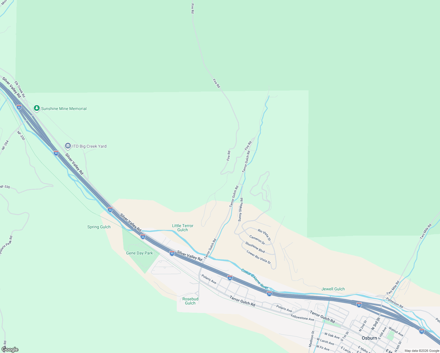 map of restaurants, bars, coffee shops, grocery stores, and more near 536 Terror Gulch Road in Osburn