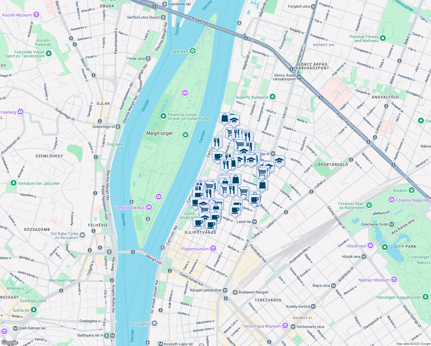 map of restaurants, bars, coffee shops, grocery stores, and more near in Budapest