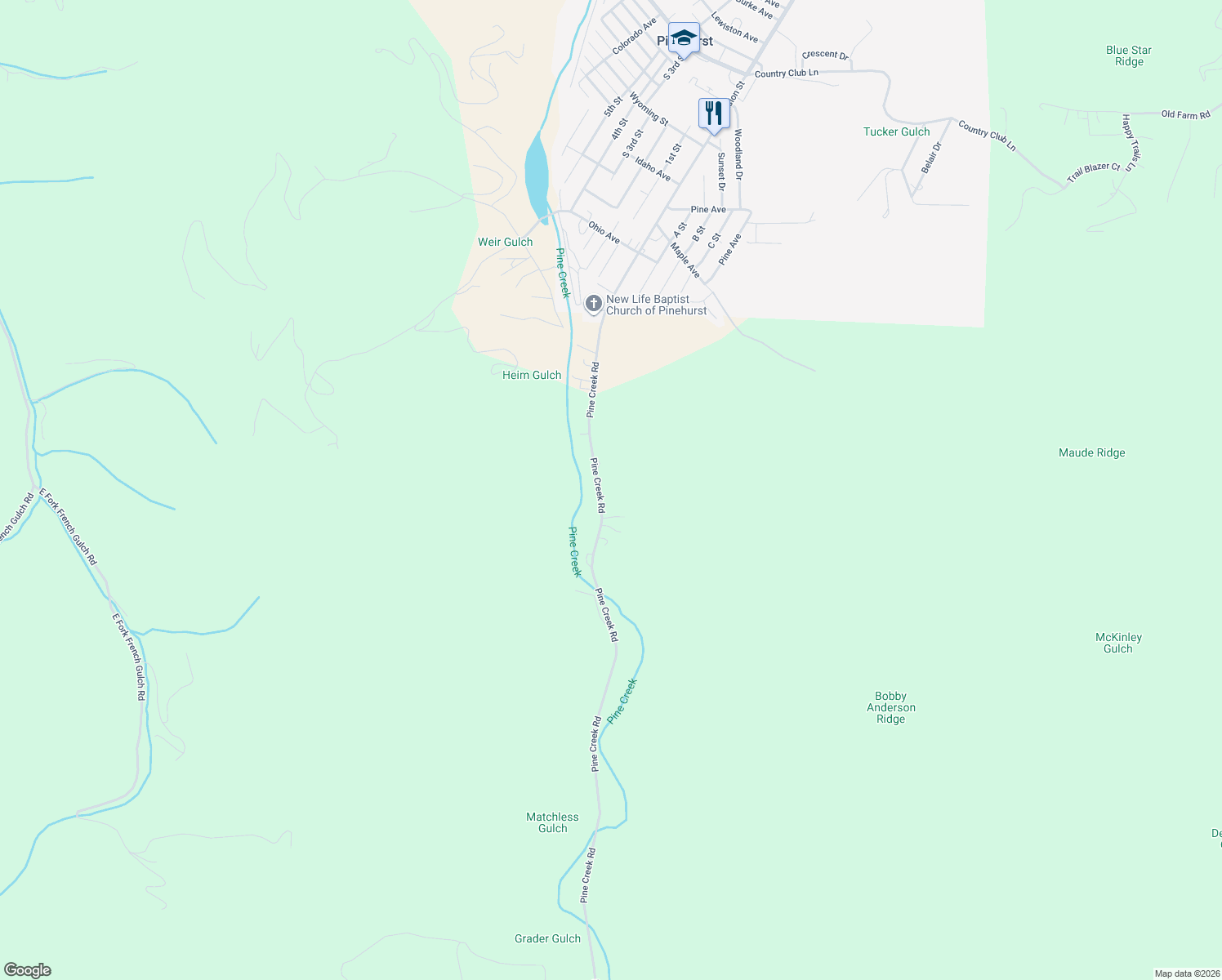 map of restaurants, bars, coffee shops, grocery stores, and more near 1835 Pine Creek Road in Pinehurst