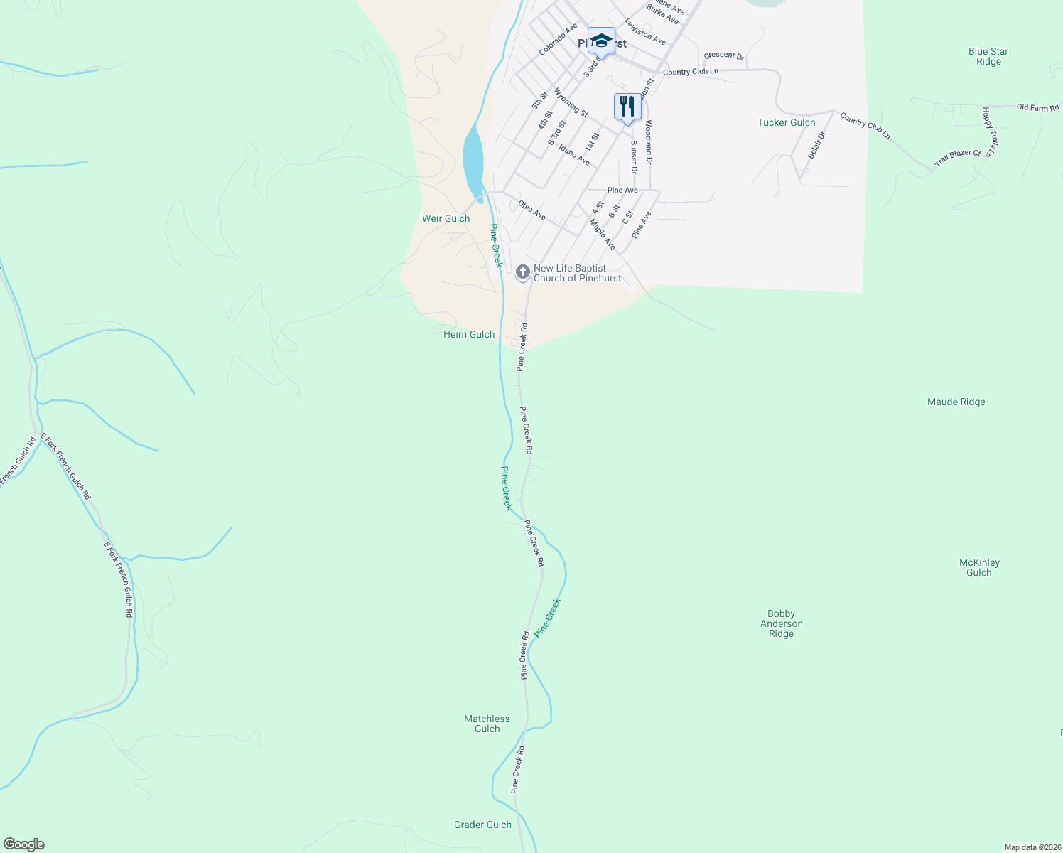 map of restaurants, bars, coffee shops, grocery stores, and more near 1835 Pine Creek Road in Pinehurst