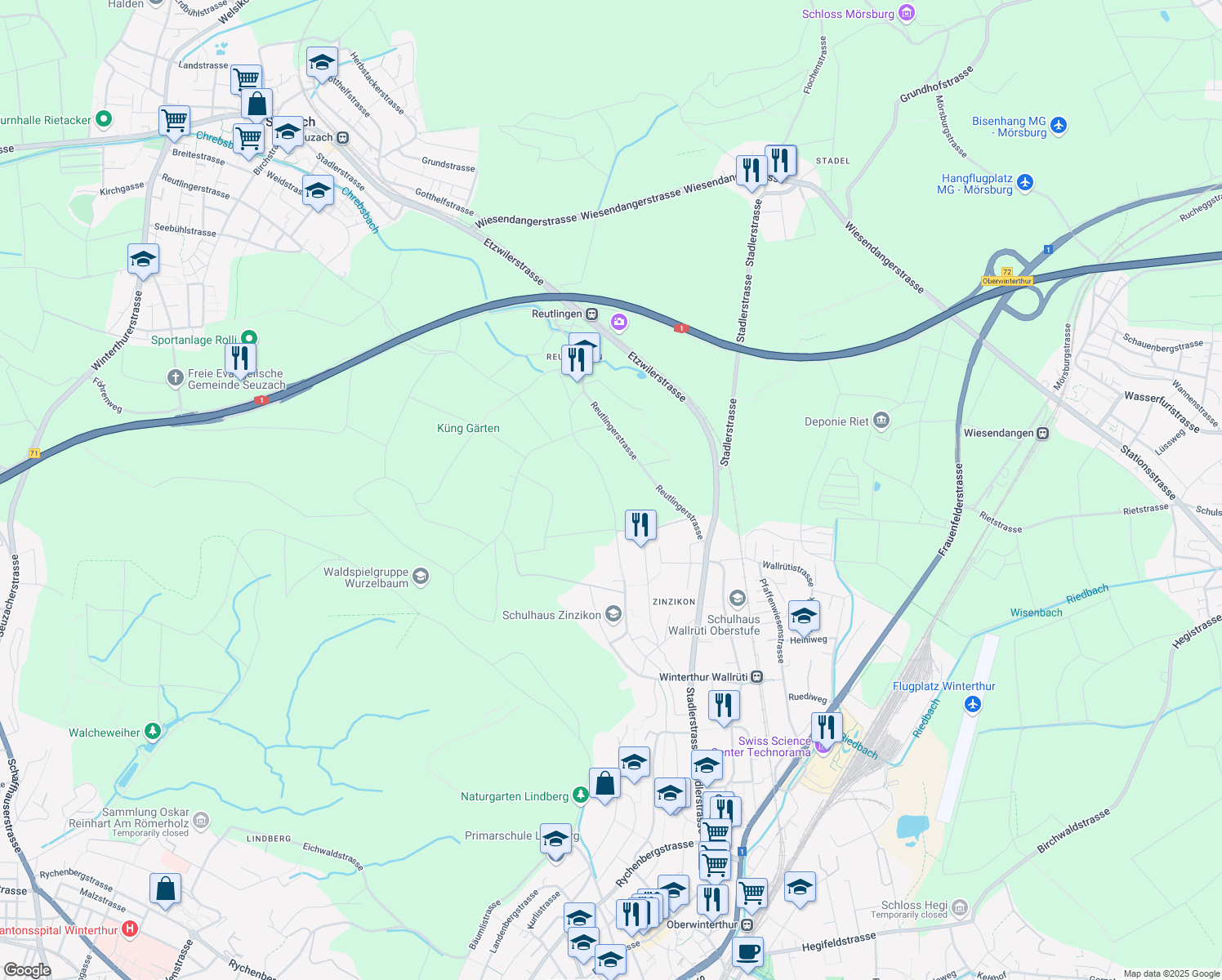 map of restaurants, bars, coffee shops, grocery stores, and more near in Reutlingen