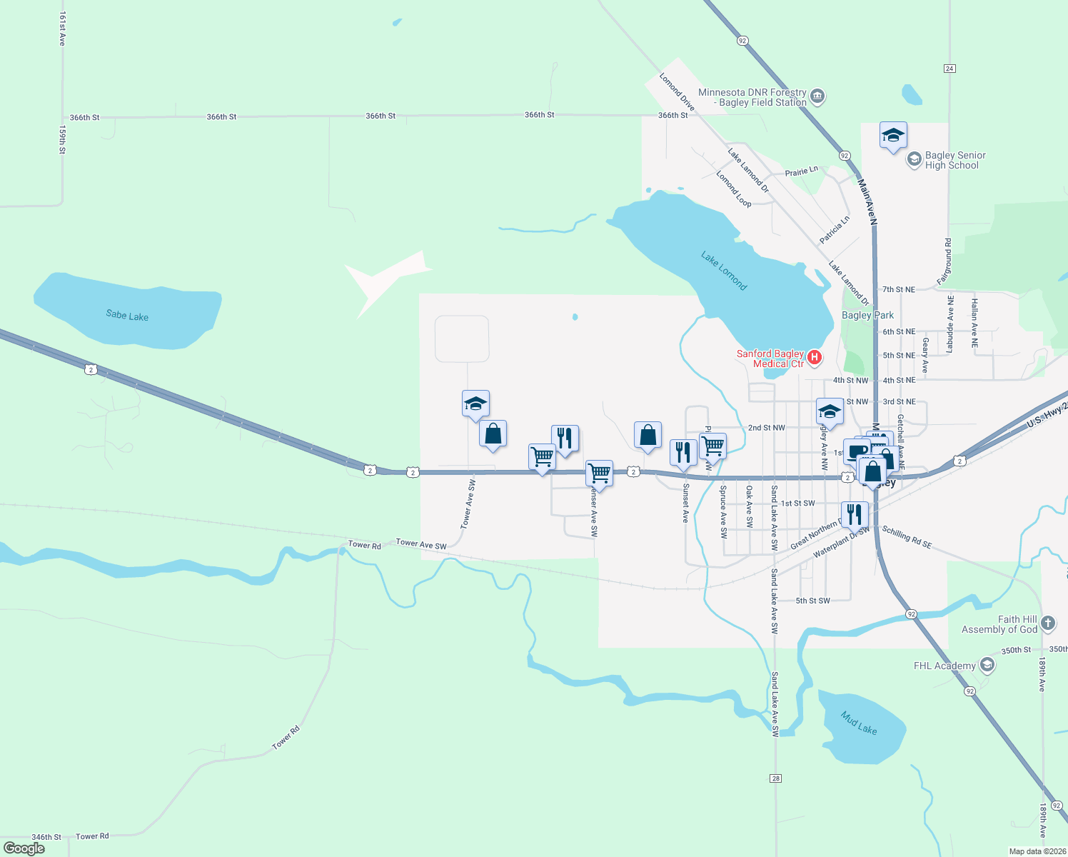 map of restaurants, bars, coffee shops, grocery stores, and more near 1417 Central Street West in Bagley