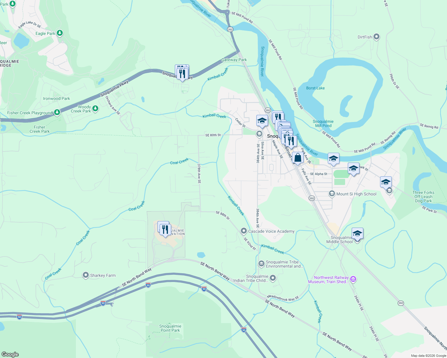 map of restaurants, bars, coffee shops, grocery stores, and more near 38002 Southeast 85th Street in Snoqualmie
