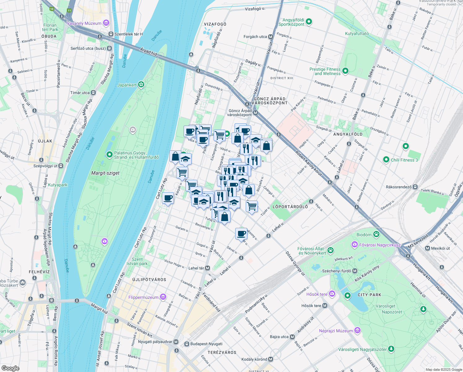 map of restaurants, bars, coffee shops, grocery stores, and more near in Budapest