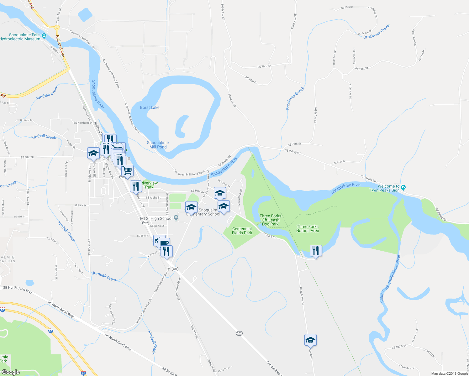 map of restaurants, bars, coffee shops, grocery stores, and more near 8298 Mountain Avenue Southeast in Snoqualmie