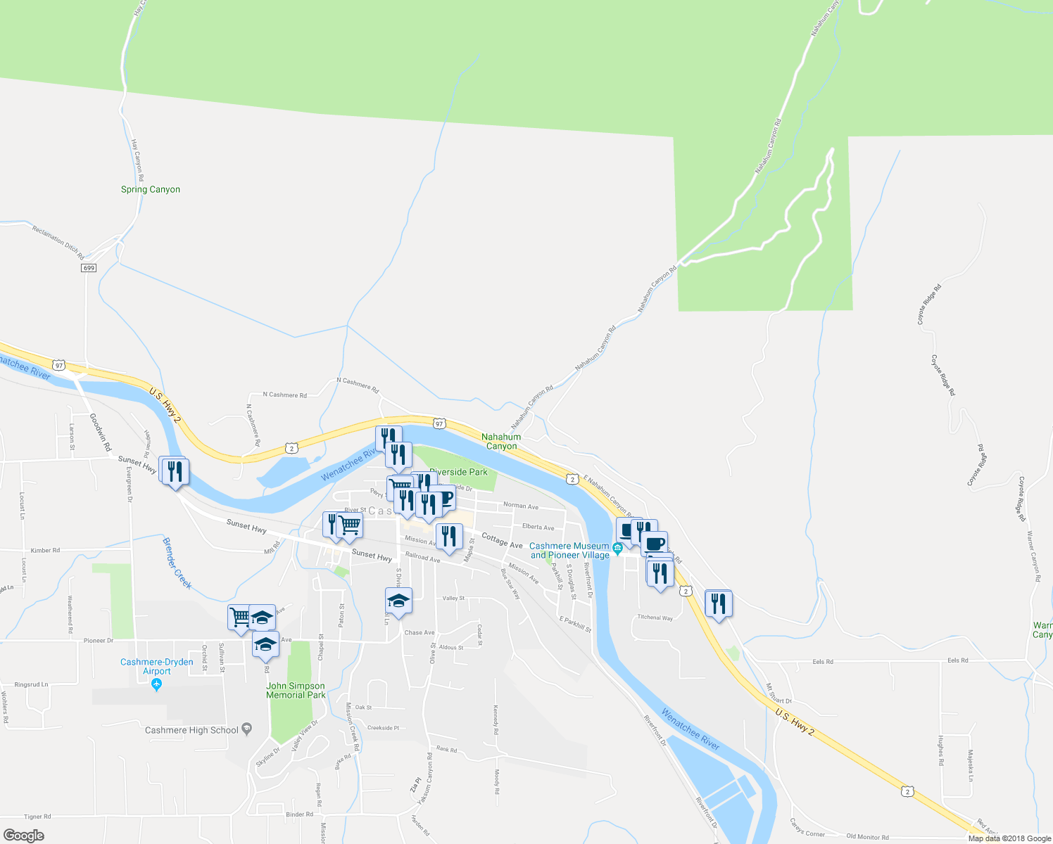 map of restaurants, bars, coffee shops, grocery stores, and more near 6033 Nahahum Canyon Road in Cashmere