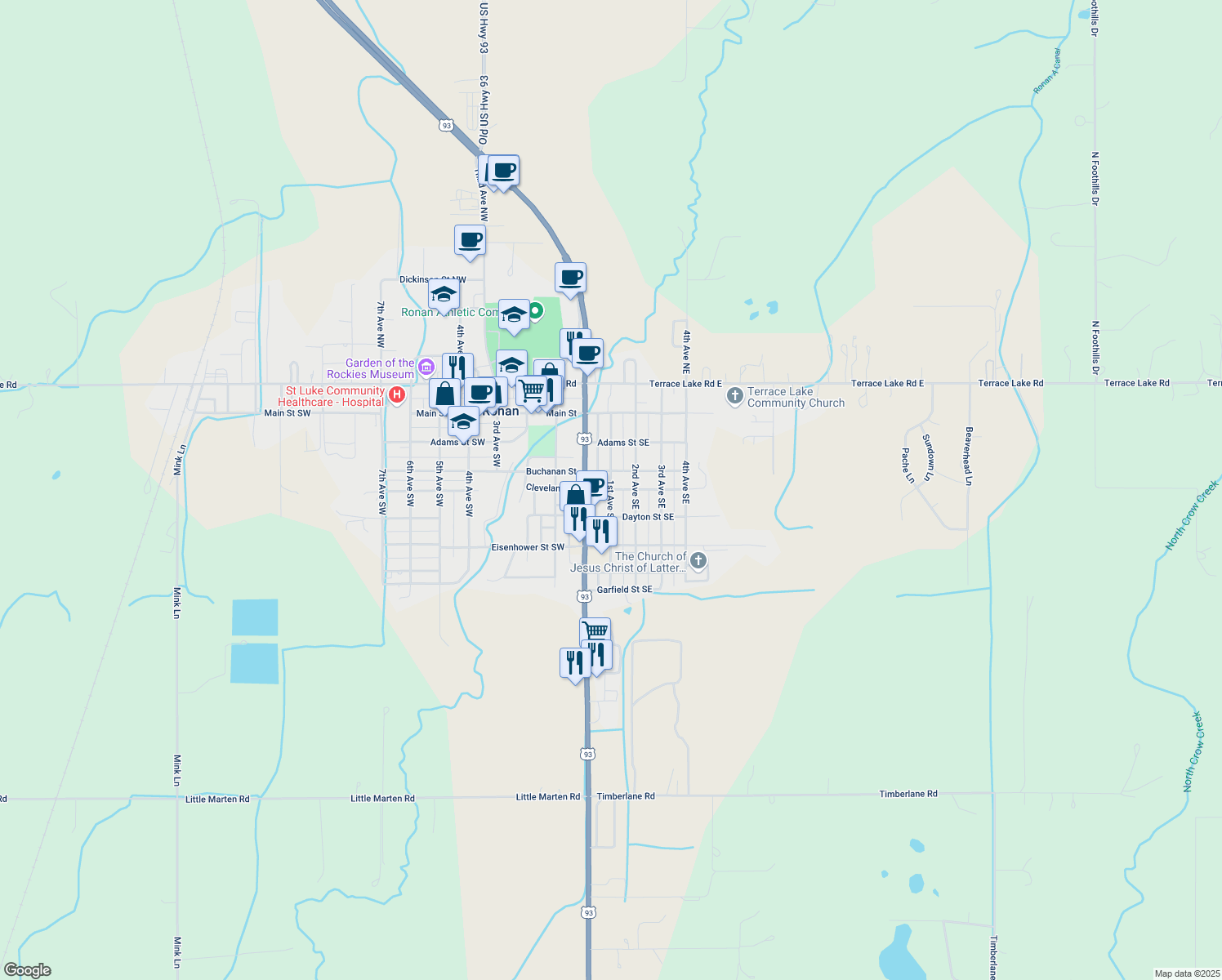 map of restaurants, bars, coffee shops, grocery stores, and more near 99 Cleveland St SE in Ronan