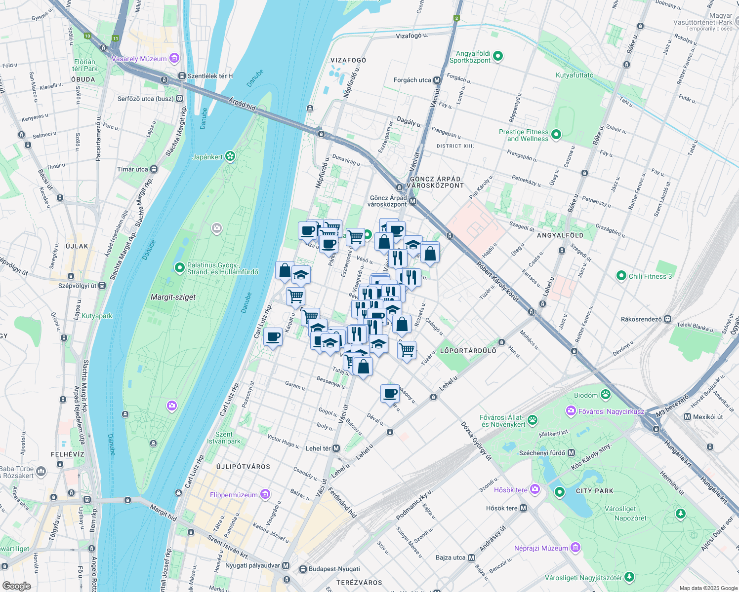 map of restaurants, bars, coffee shops, grocery stores, and more near in Budapest