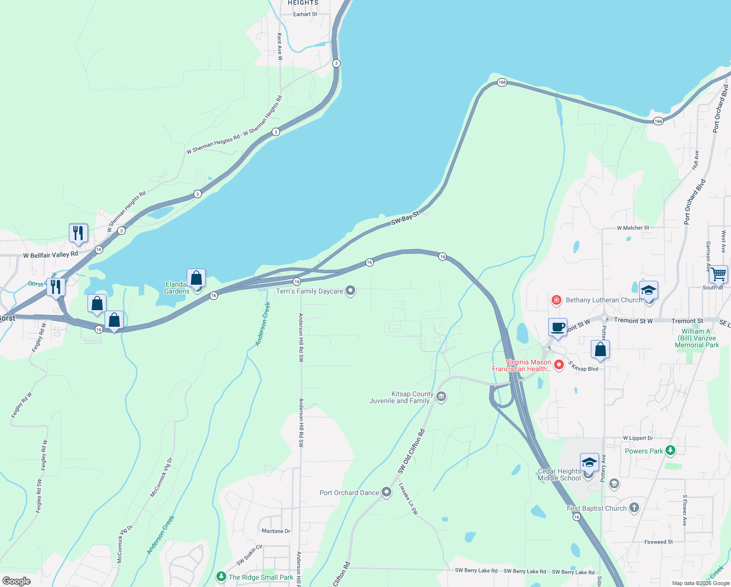 map of restaurants, bars, coffee shops, grocery stores, and more near 1525 Southwest Cook Road in Port Orchard