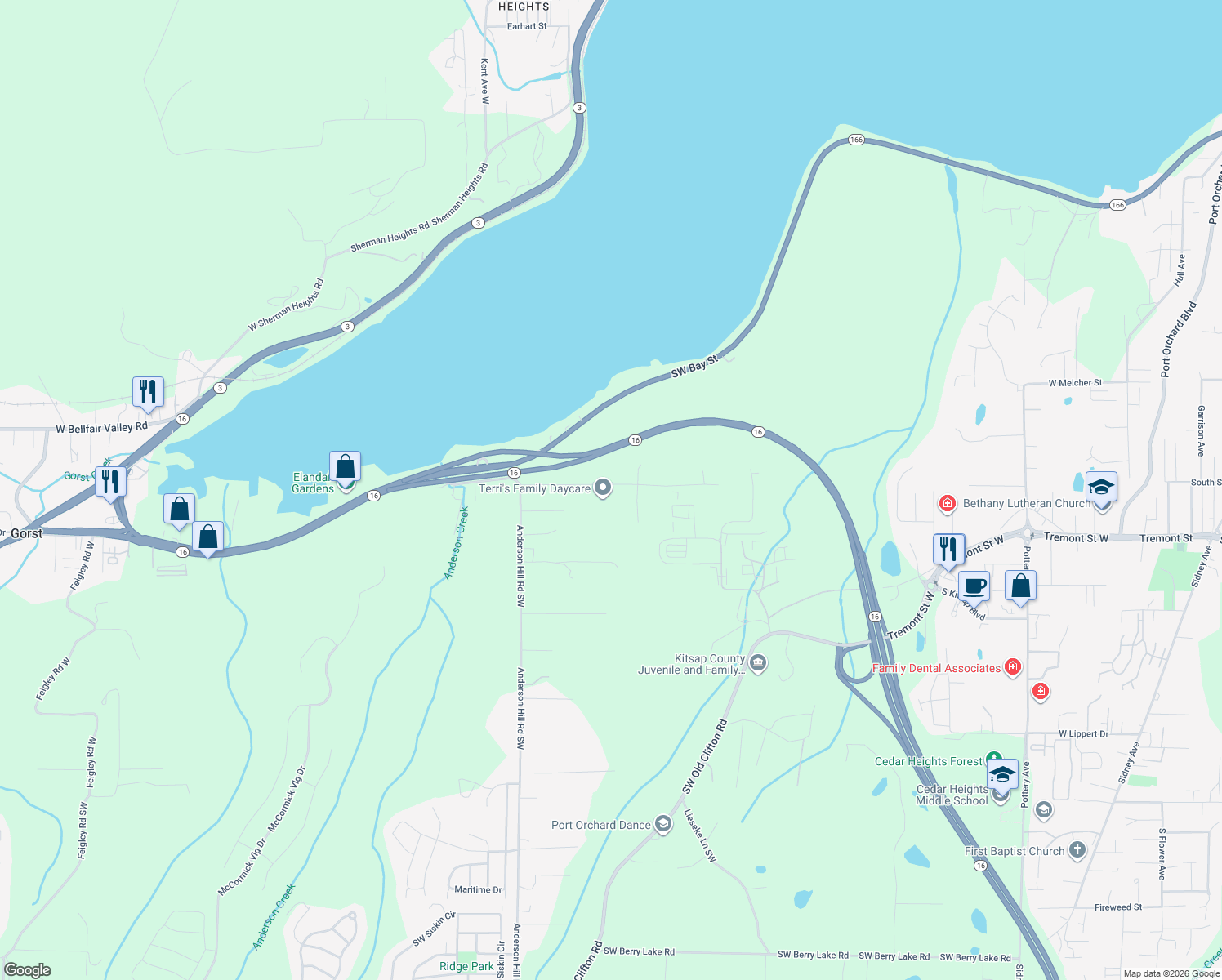 map of restaurants, bars, coffee shops, grocery stores, and more near 1526 Southwest Cook Road in Port Orchard