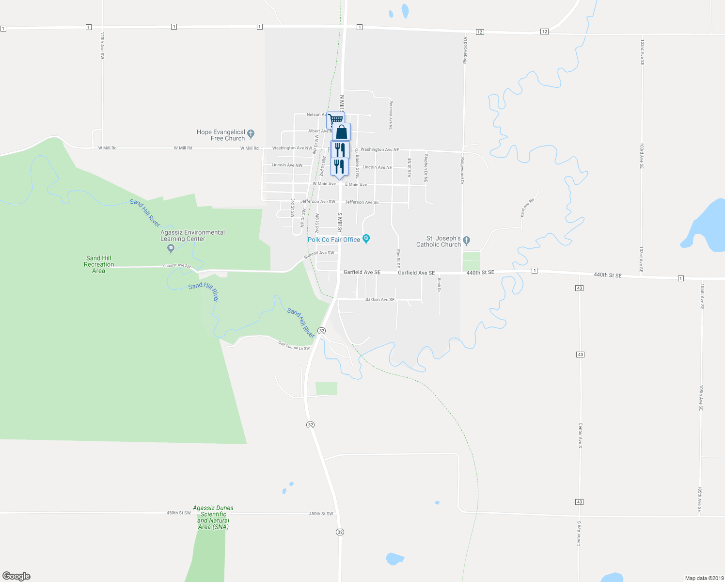 map of restaurants, bars, coffee shops, grocery stores, and more near 615 Blaine Street Southeast in Fertile