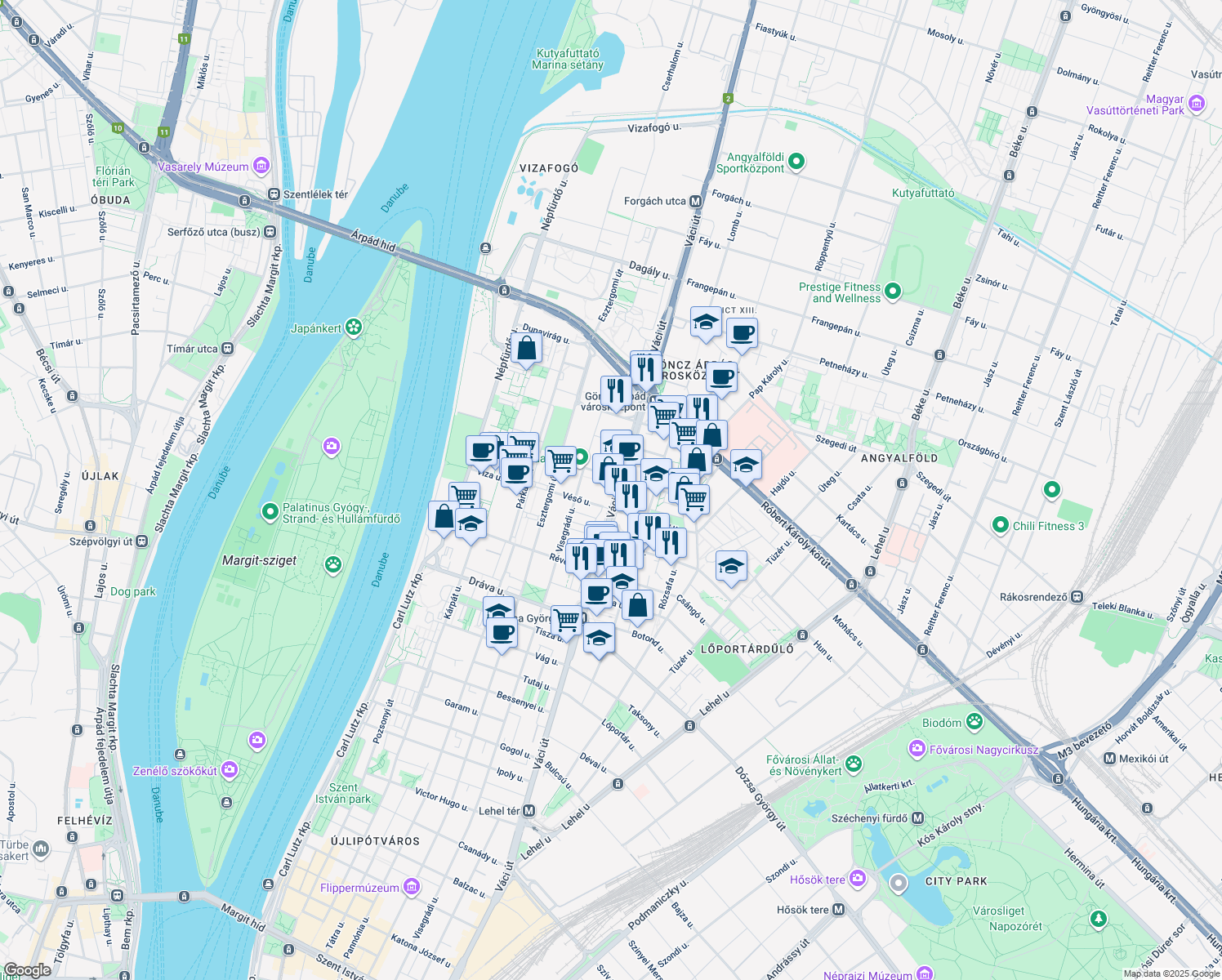 map of restaurants, bars, coffee shops, grocery stores, and more near in Budapest