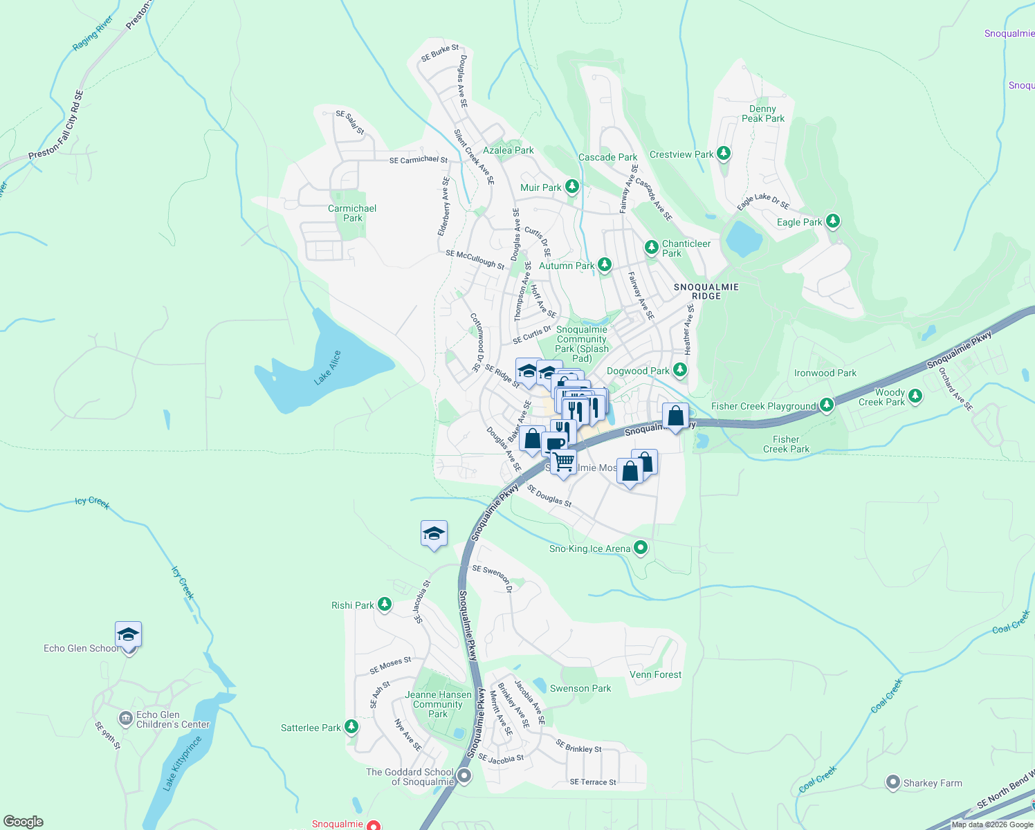 map of restaurants, bars, coffee shops, grocery stores, and more near 7815 Baker Avenue Southeast in Snoqualmie