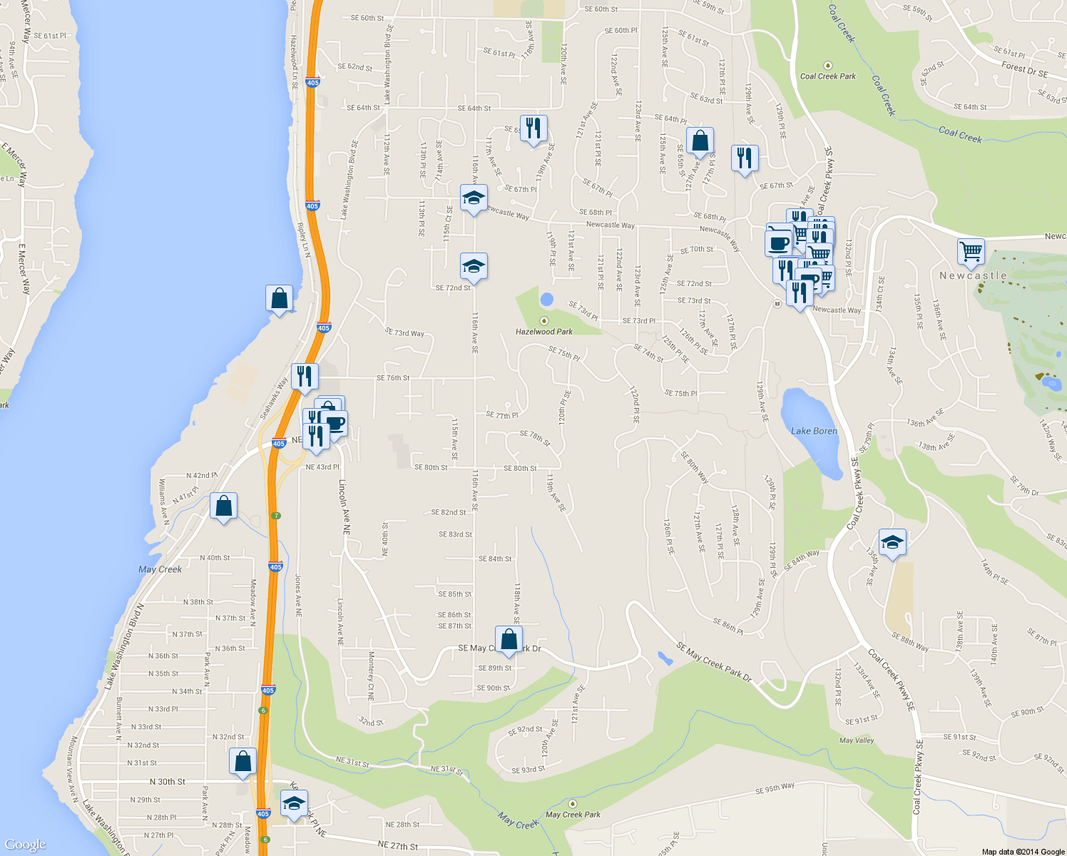 map of restaurants, bars, coffee shops, grocery stores, and more near 11834 Southeast 78th Street in Newcastle