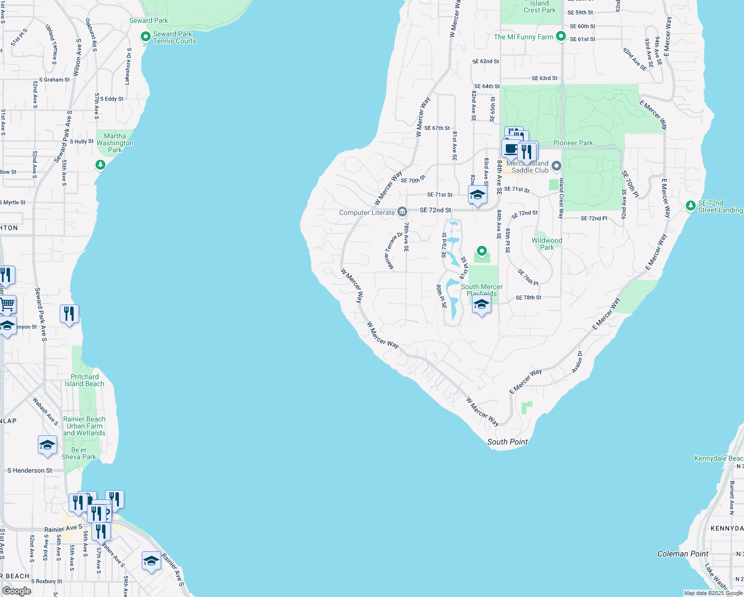 map of restaurants, bars, coffee shops, grocery stores, and more near 7711 Ridgecrest Lane in Mercer Island