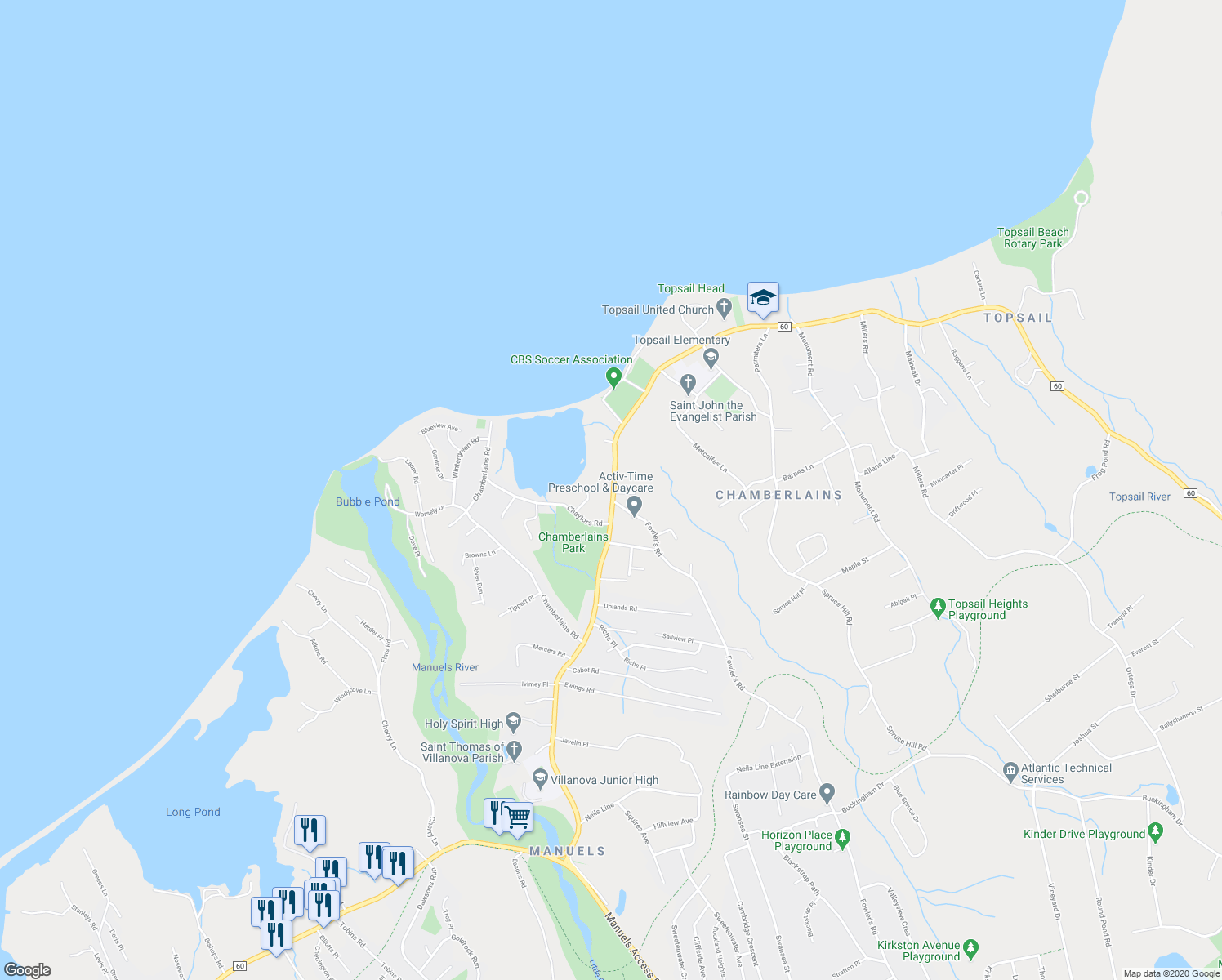map of restaurants, bars, coffee shops, grocery stores, and more near 2546 Topsail Road in Conception Bay South