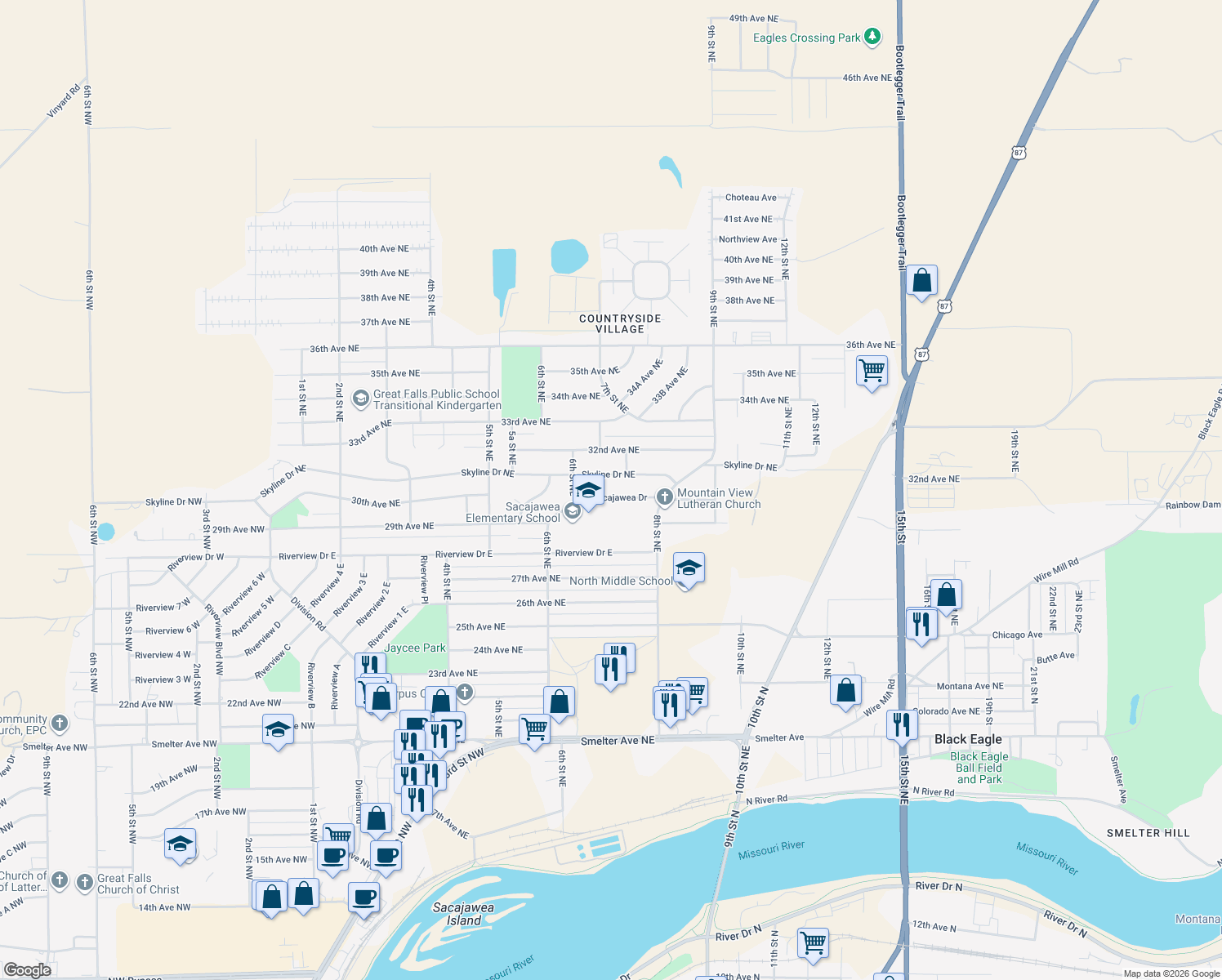 map of restaurants, bars, coffee shops, grocery stores, and more near 655 Sacajawea Dr in Great Falls