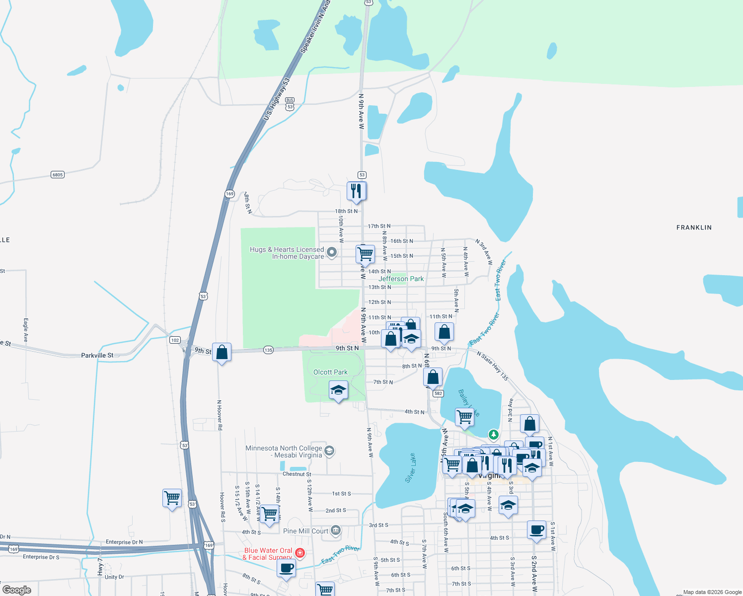 map of restaurants, bars, coffee shops, grocery stores, and more near 821 12th St N in Virginia