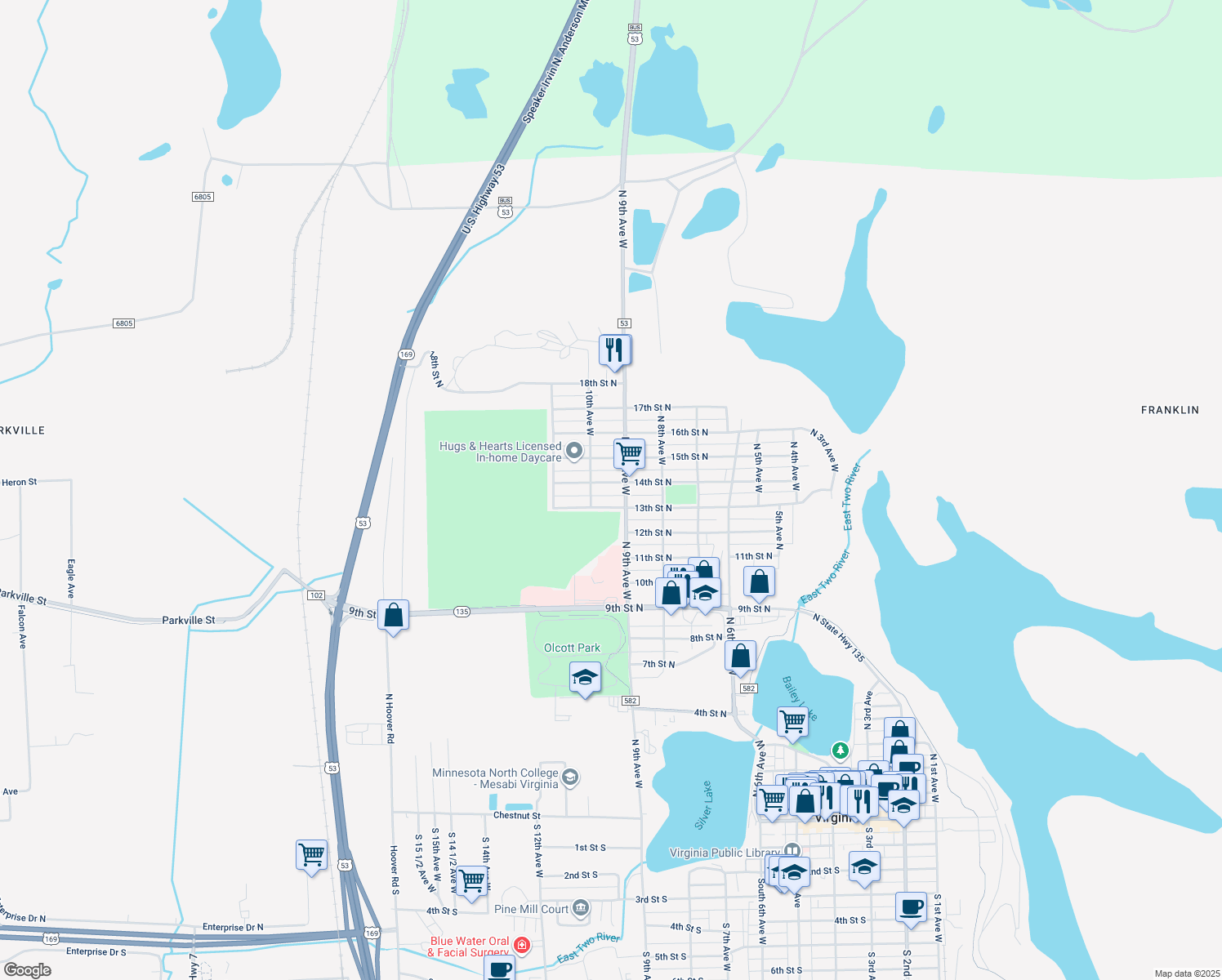 map of restaurants, bars, coffee shops, grocery stores, and more near 914 14th Street North in Virginia