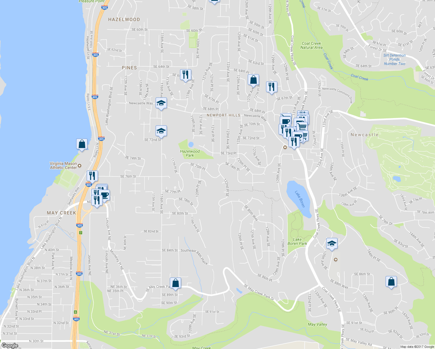 map of restaurants, bars, coffee shops, grocery stores, and more near 7439 122nd Place Southeast in Newcastle