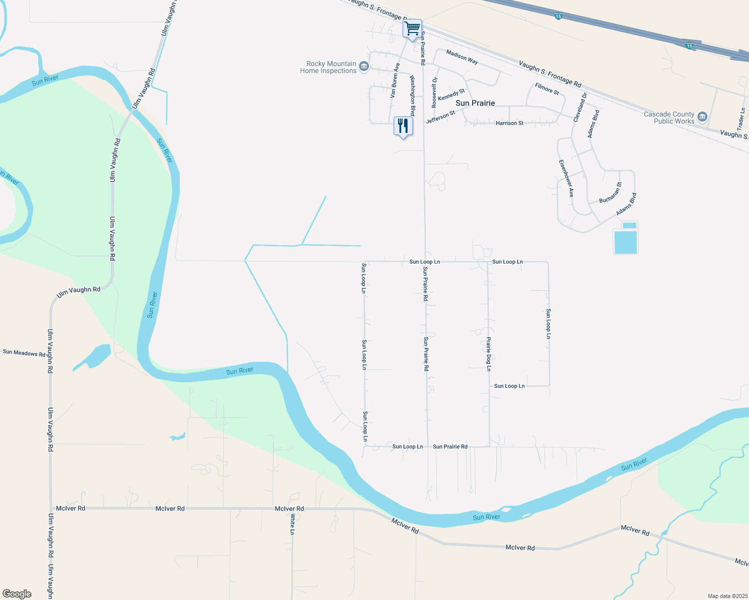 map of restaurants, bars, coffee shops, grocery stores, and more near 163 Sun Loop Lane in Great Falls