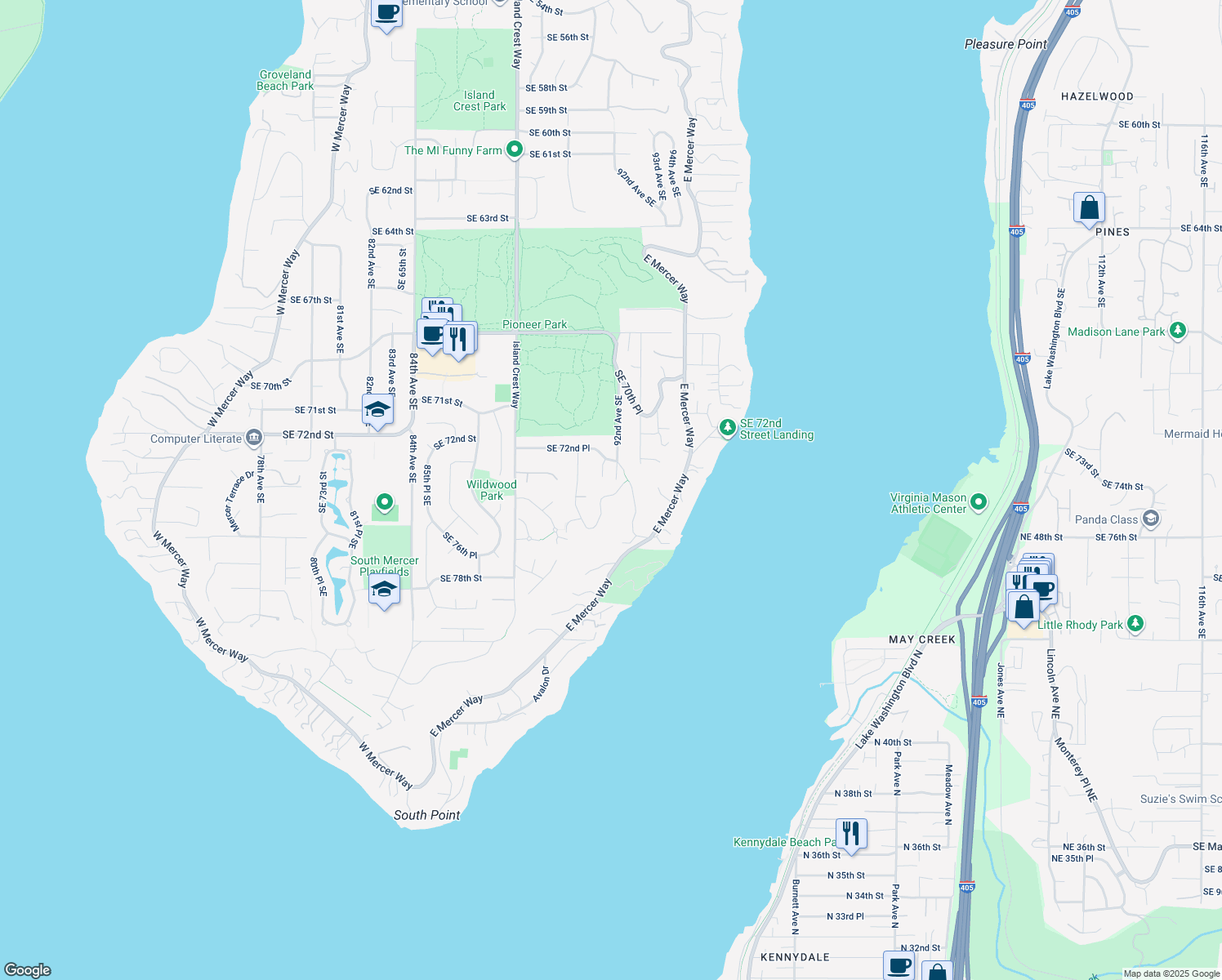 map of restaurants, bars, coffee shops, grocery stores, and more near 7401 92nd Place Southeast in Mercer Island