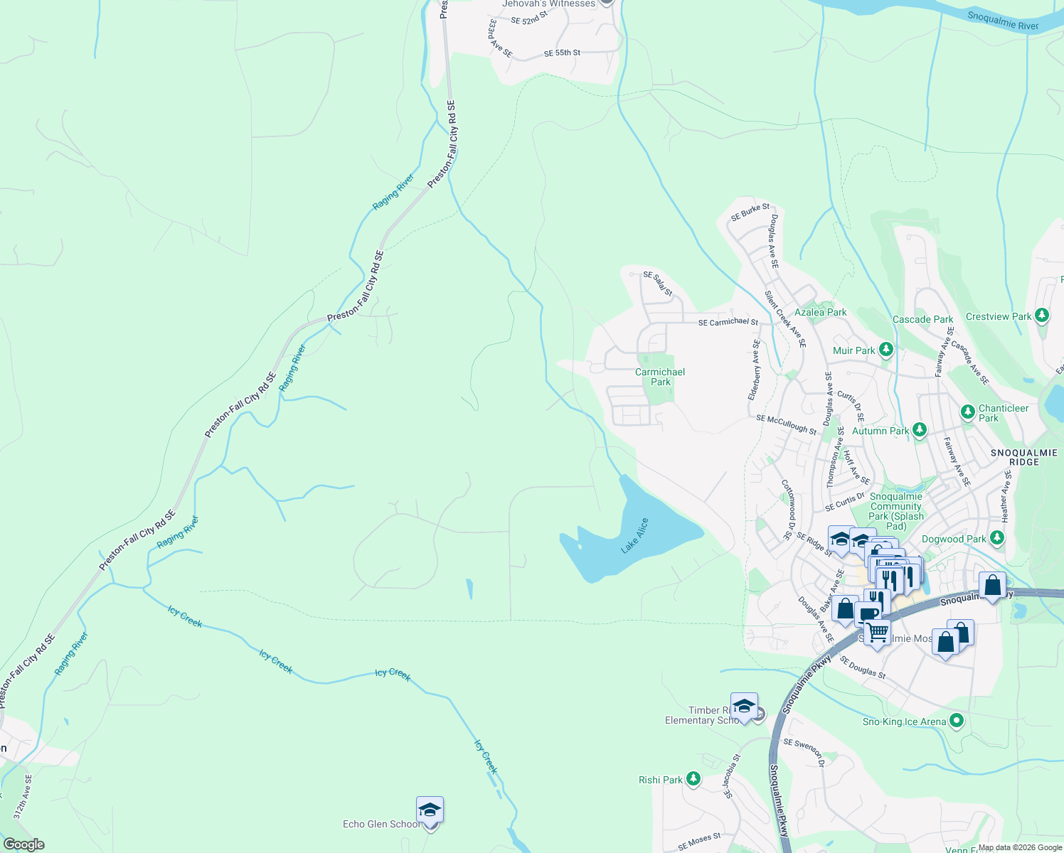 map of restaurants, bars, coffee shops, grocery stores, and more near 6937 Lake Alice Road Southeast in Fall City
