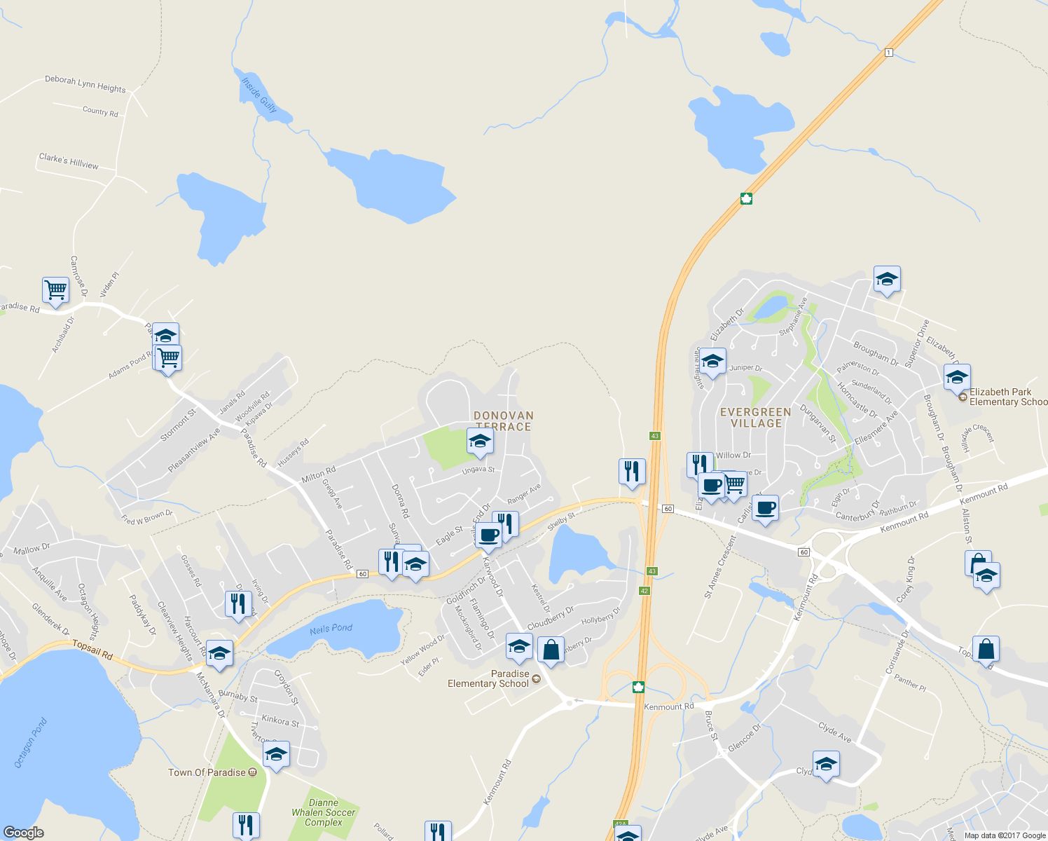 map of restaurants, bars, coffee shops, grocery stores, and more near 127 Milton Road in Paradise