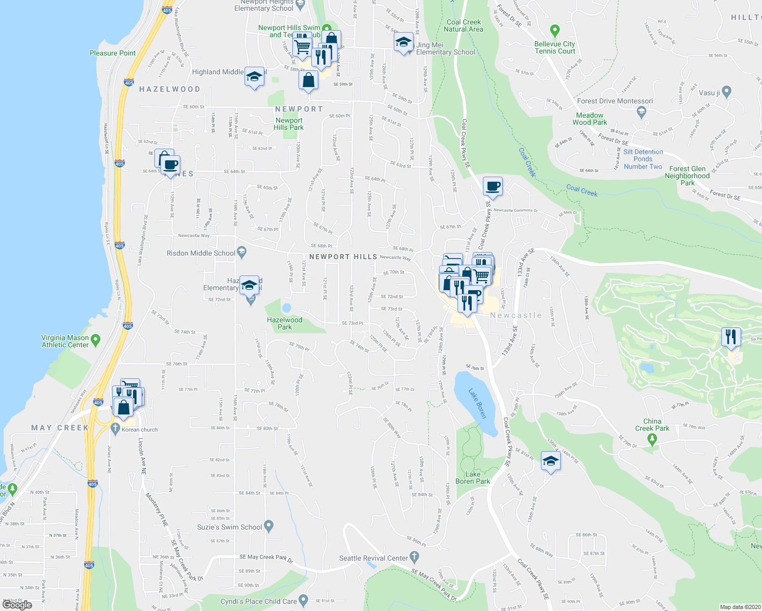 map of restaurants, bars, coffee shops, grocery stores, and more near 12520 Southeast 73rd Street in Newcastle