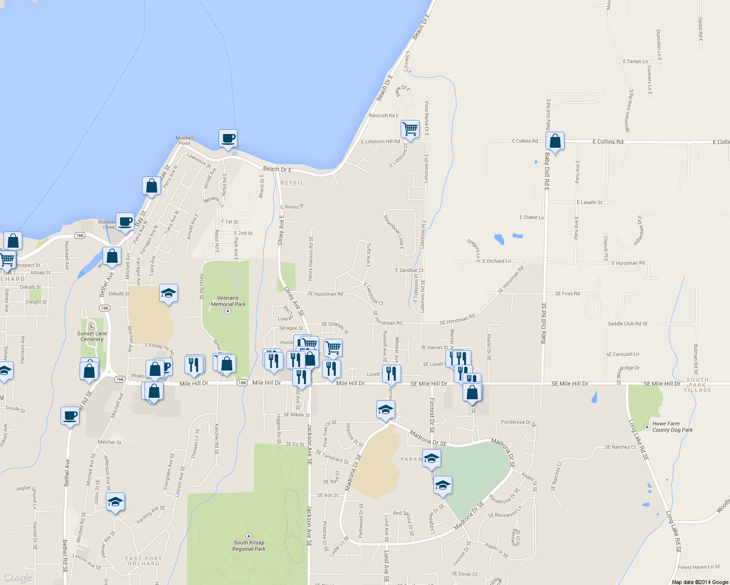 map of restaurants, bars, coffee shops, grocery stores, and more near 3530 East Calistoga Court in Port Orchard