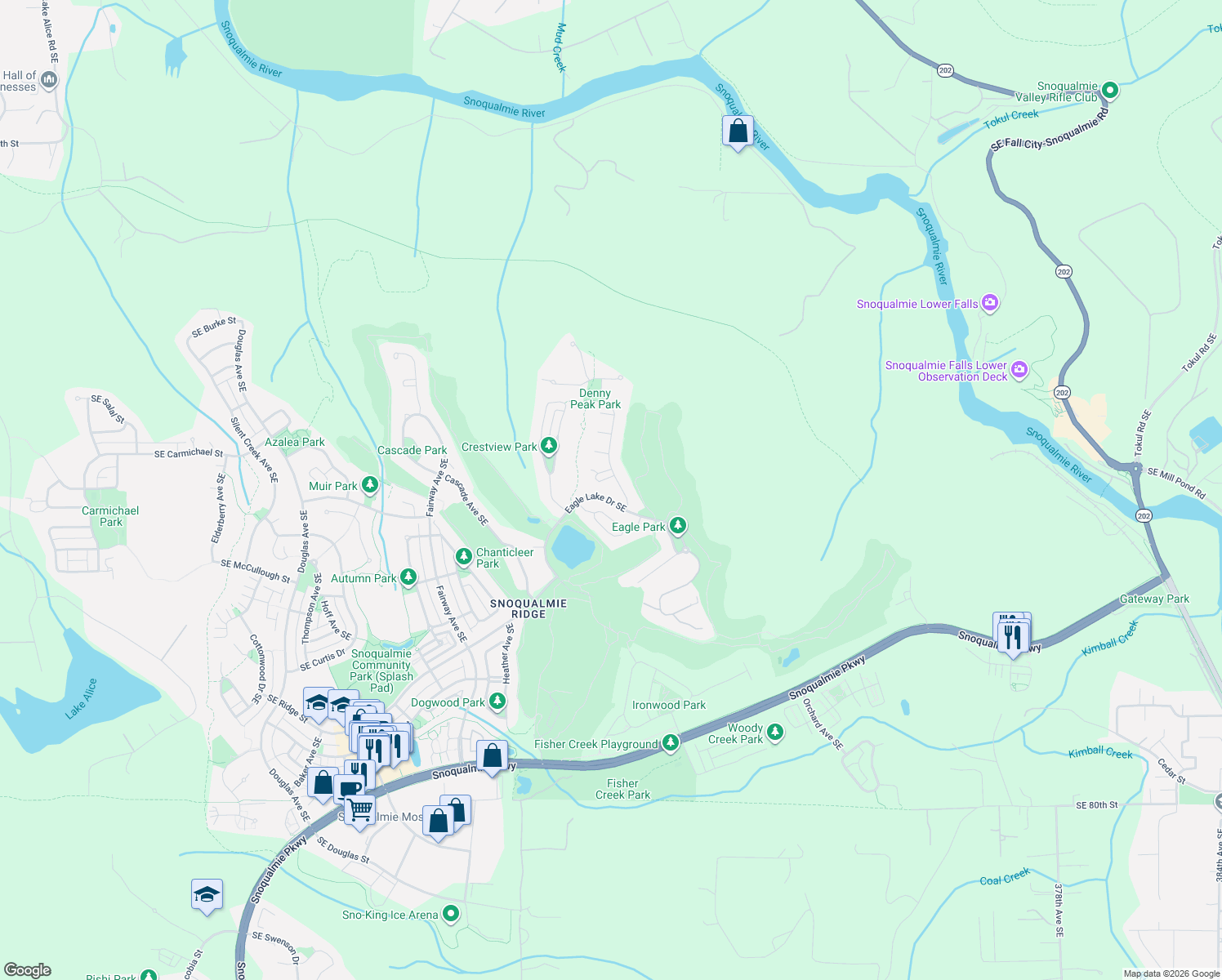 map of restaurants, bars, coffee shops, grocery stores, and more near 6725 Denny Peak Dr SE in Snoqualmie